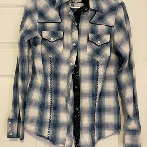 Blue and White Plaid Western Cowgirl Shirt